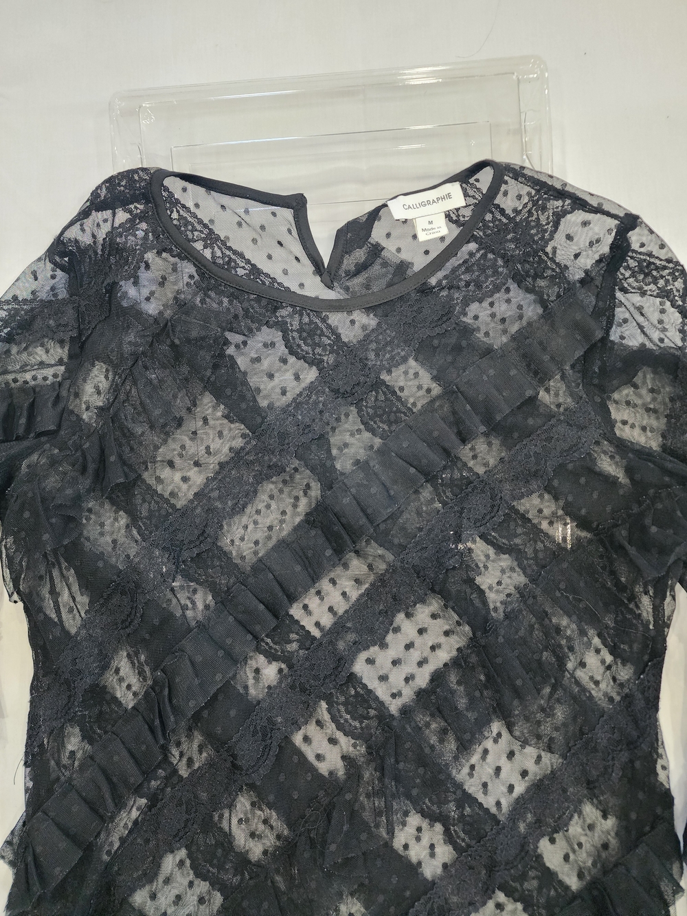 CALLIGARIS Black Sheer Lace Dot-Trim Blouse